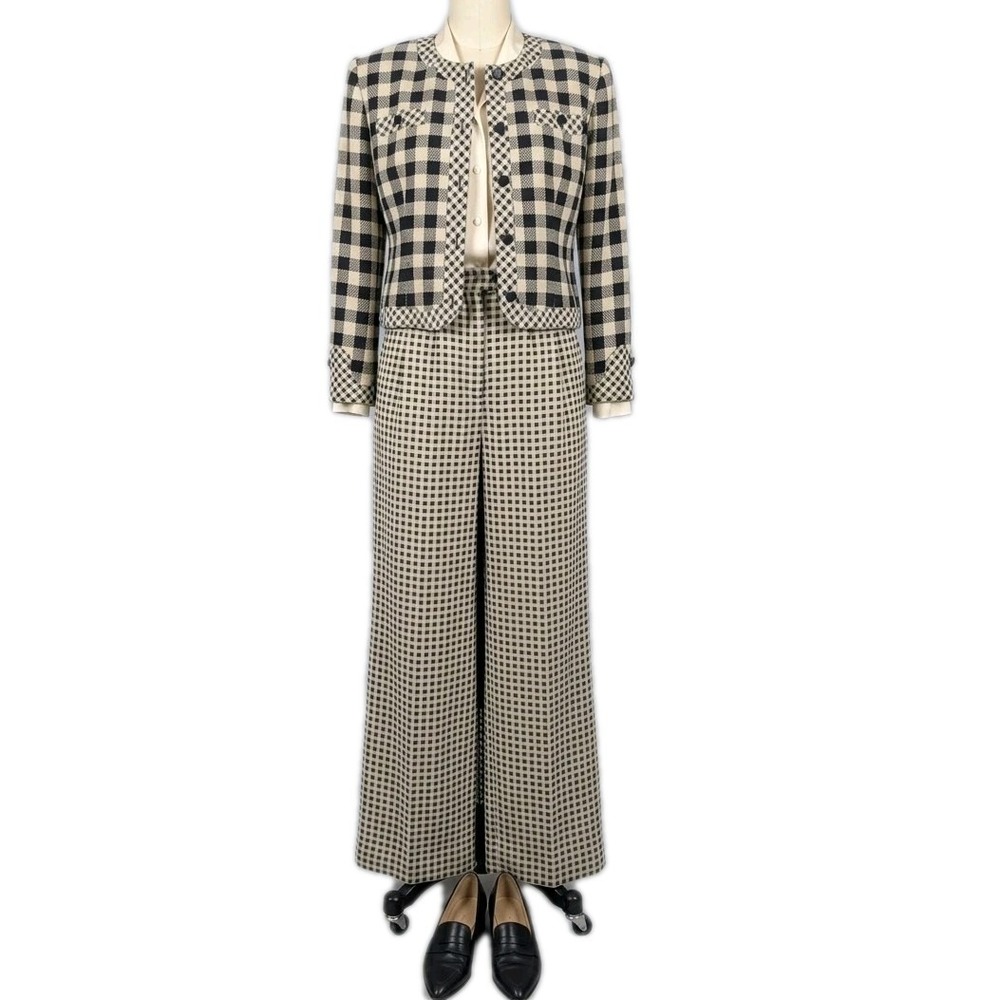 VTG Julie Francis 100% Silk 2-Piece Set Jacket Pants 6 Mixed Check Wide Leg Rise